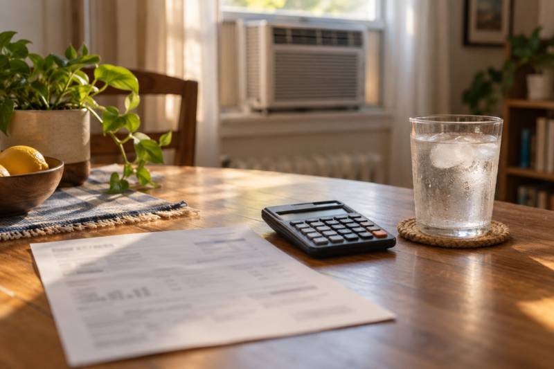 An electric bill on a table in front of a window air conditioner, with a calculator beside it.