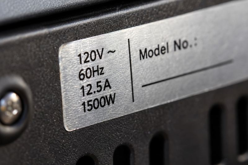 A close-up of the rating label on the back of a kitchen appliance listing its volts, amps and watts.