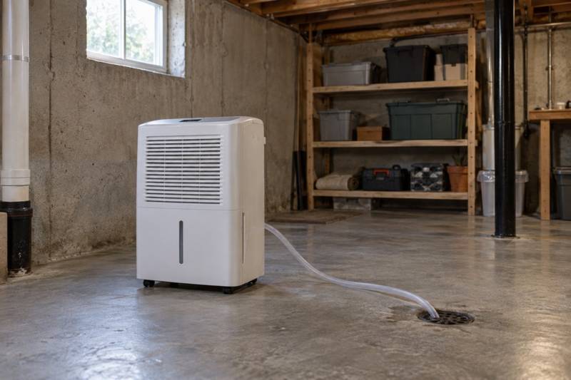 A portable dehumidifier running on the concrete floor of an unfinished basement, with a drain hose leading to a floor drain.