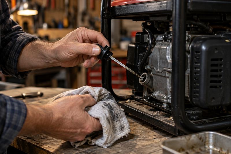 Hands checking the oil dipstick on a portable generator.