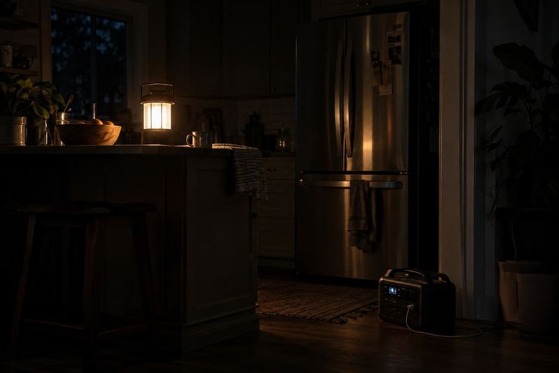 A dark kitchen during a power outage lit by a lantern, with a refrigerator and a small power station.