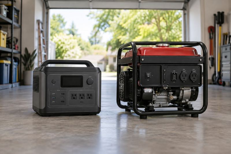 A portable power station and a portable gas generator side by side on a garage floor.