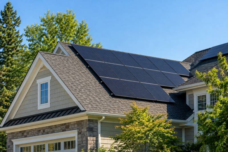 Rows of dark solar panels mounted on the sloped roof of a suburban house under a clear sky.
