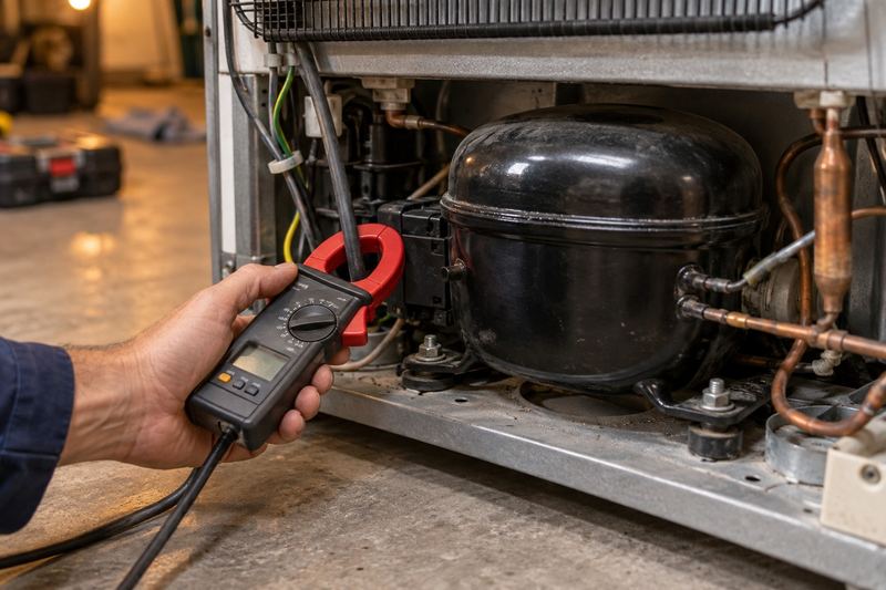 Close-up of the compressor area at the back of a refrigerator with a clamp meter measuring current on its wiring.