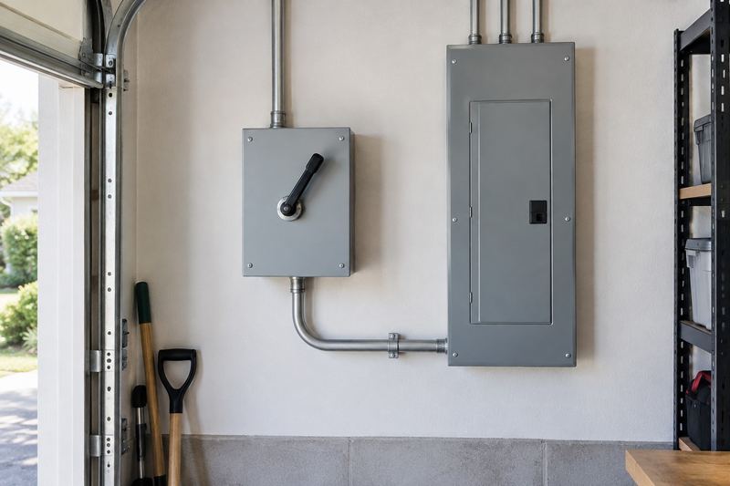 A manual generator transfer switch panel mounted next to a home electrical panel in a garage.