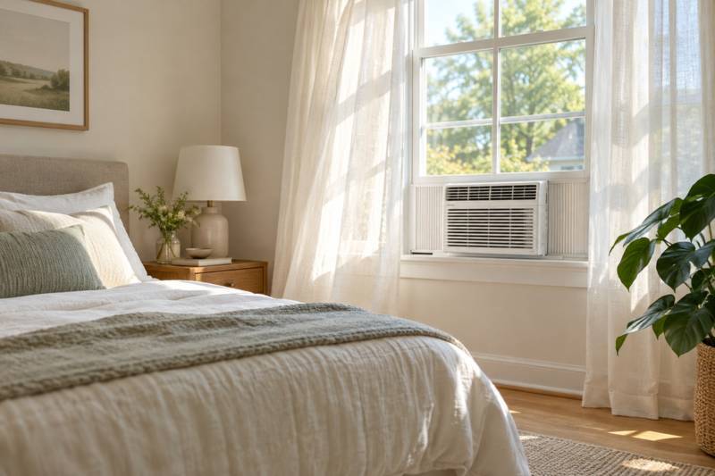 A window air conditioner installed in a bedroom window with sunlight coming through the curtains.